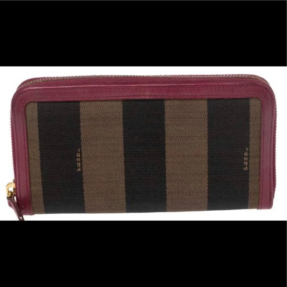 Fendi Magenta/Tobacco‎ Pequin Stripe Canvas and Zip Around Continental Wallet